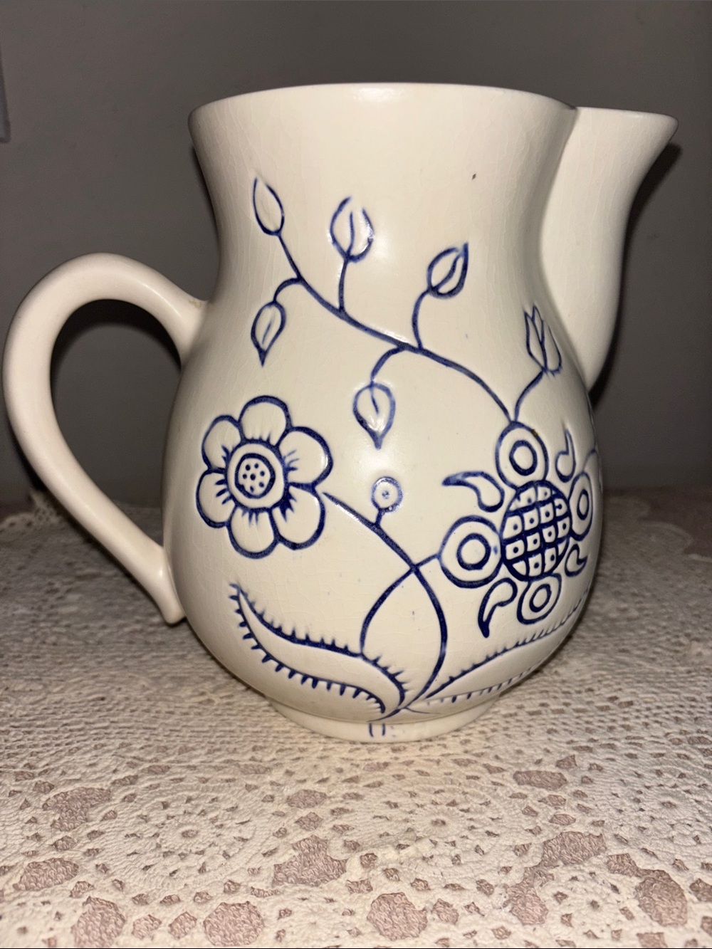 Vintage California USA Pottery Blue Floral Pitcher D914